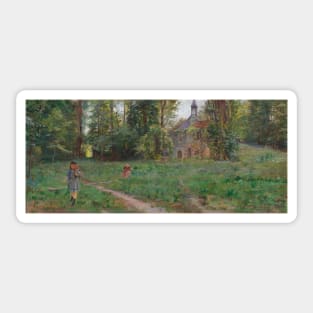 Flower picking girl in a summery landscape, Gaston Bussiere, 1893 Sticker